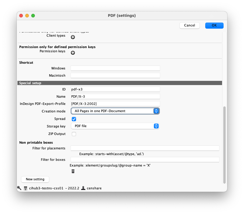 PDF settings dialogue