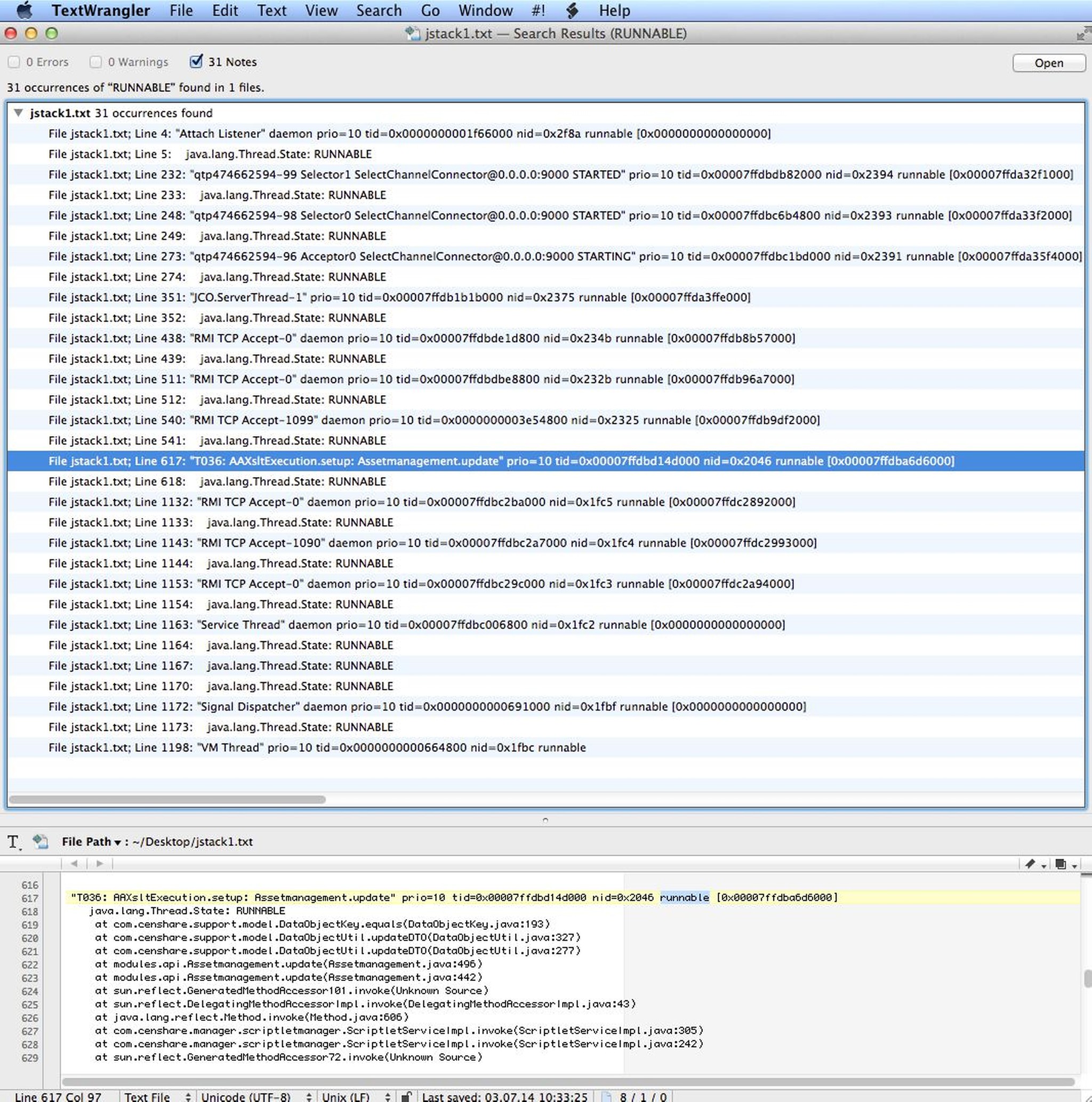 Sample jstack output where AAXsltExecution thread has lead to a performance problem.