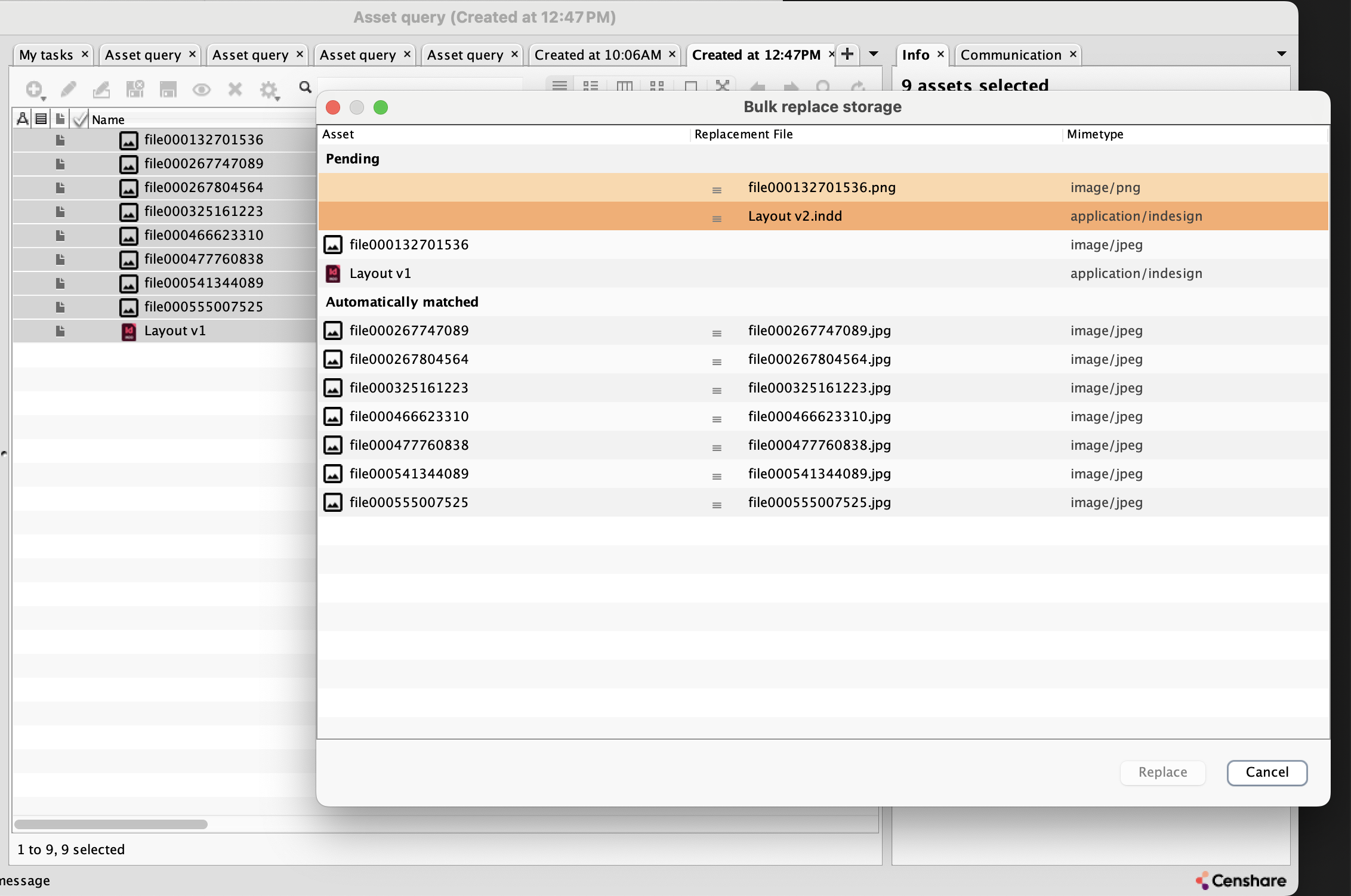 Bulk replace storage dialog with 7 auto-matched pairs and 2 unmatched entries in the Pending section (one name mismatch, one MIME-type mismatch).